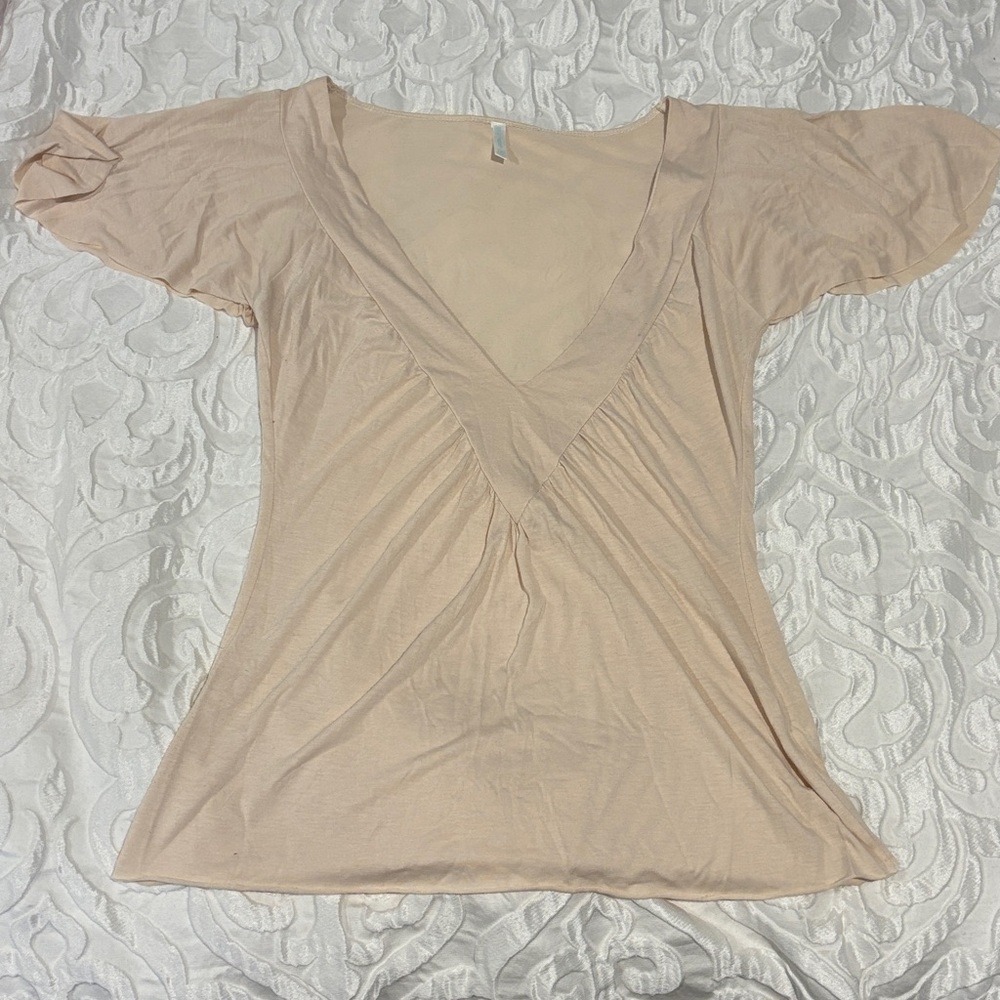 Beige V-Neck Short Sleeve Top